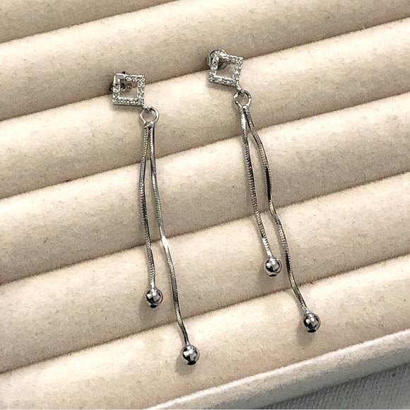 Cubic Zirconia Diamond Dangling Chain Earrings - Picture 2 of 7